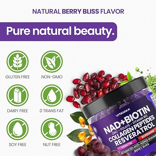 Miniatura 7 de Gomitas antienvejecimiento NAD +, resveratrol, berberina y biotina, suplemento para cabello, piel, uñas y articulaciones, péptidos de colágeno,