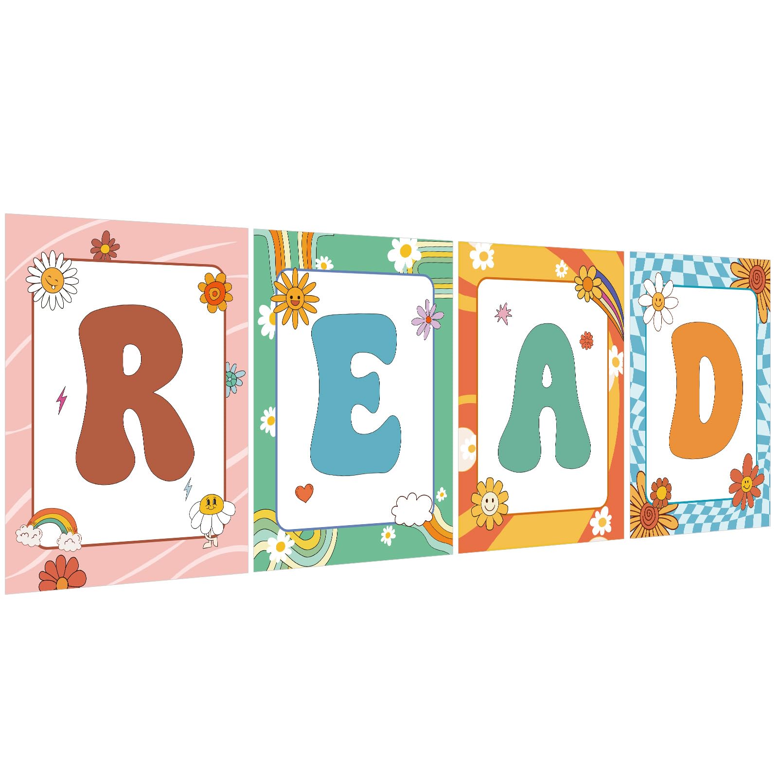COCHIE Reading Posters for Classroom Decorations, Library Reading Corner Decor, Read Signs Poster Bulletin Board Set of 4, Pre-k Preschool Kindergarten Classroom Wall Decoration (Groovy)