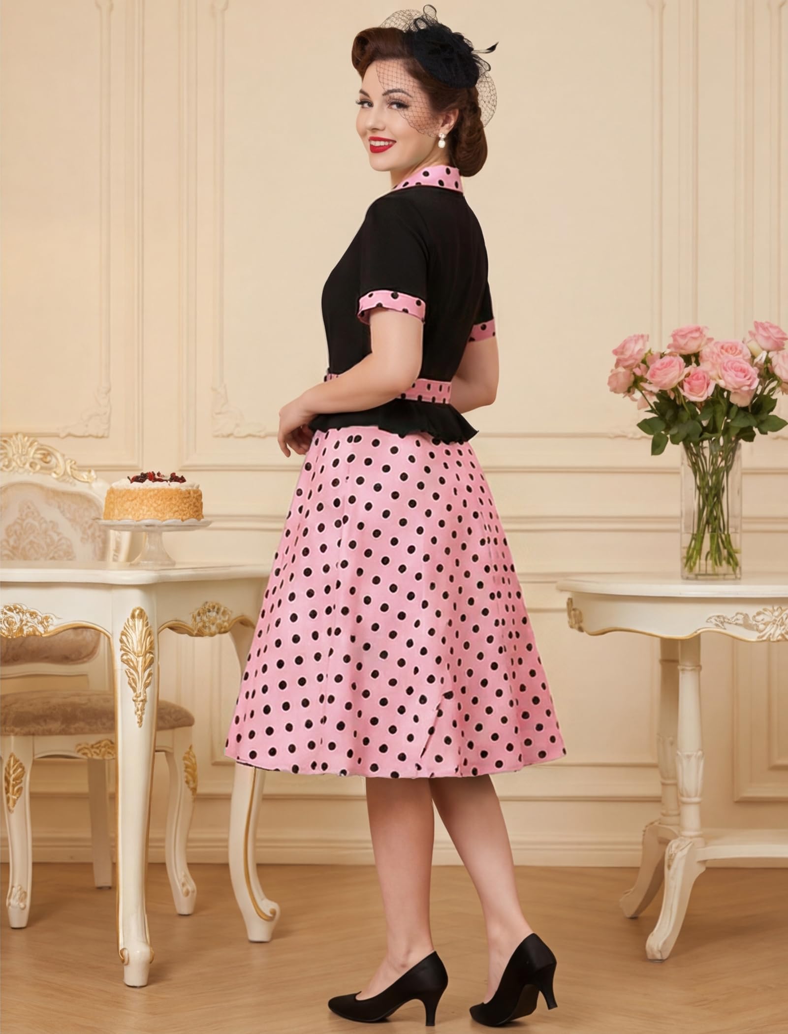 Robe rockabilly pour femme des années 1950 - Élégante robe de cocktail trapèze - Style vintage des années 50 - Robe de soirée midi à manches courtes - Pour fête, mariage