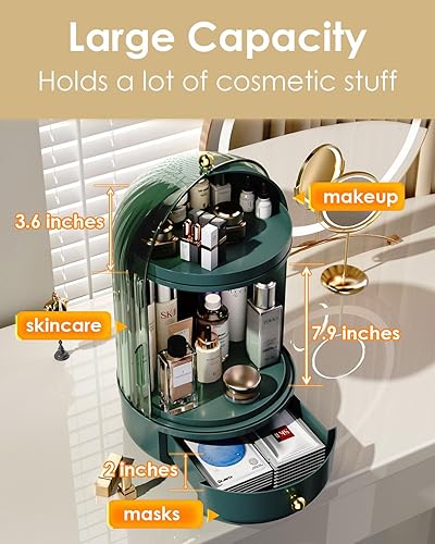 Miniatura 4 de Organizador de maquillaje para tocador, almacenamiento de maquillaje giratorio con cubierta y cajón, organizador grande de cosméticos para el