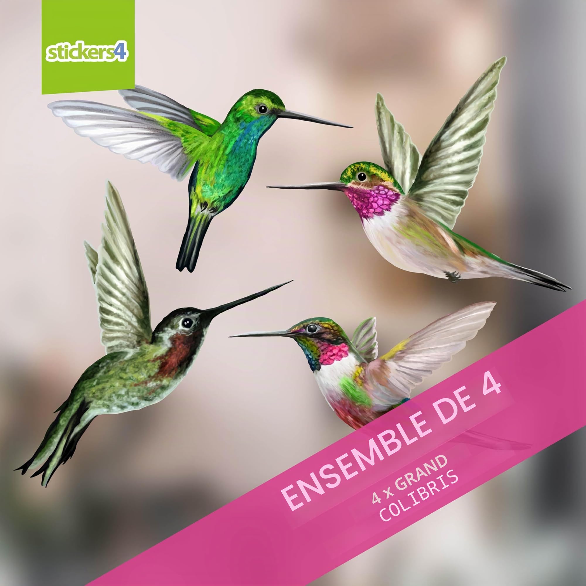 Stickers Pour Fenêtre - 4 Superbes Stickers Electrostatiques Décoratifs au Motif Colibri – Permet d’éviter que Les Oiseaux Ne Se Cognent Dans Vos Fenêtres