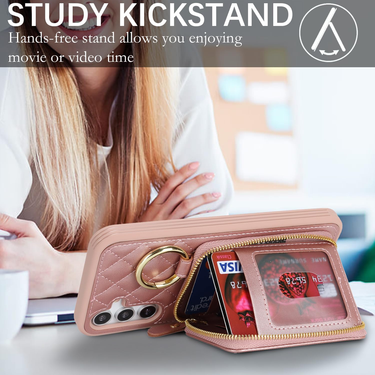 for Galaxy A15 Case Wallet with Card Holder,for Galaxy A15 Phone case Wallet with Zipper with Slot Kickstand Stand Case for Women and Man-Rose Gold