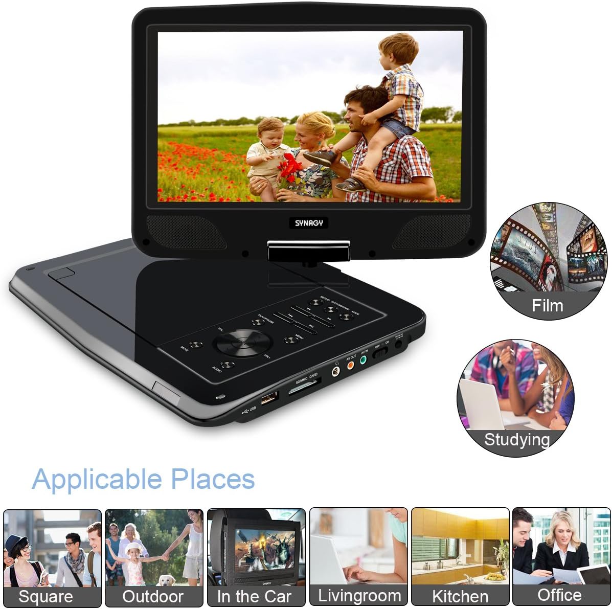 SYNAGY 10.1" Portable DVD Player CD Player with Swivel Screen Remote Control Rechargeable Battery Car Charger Wall Charger, Personal DVD Player
