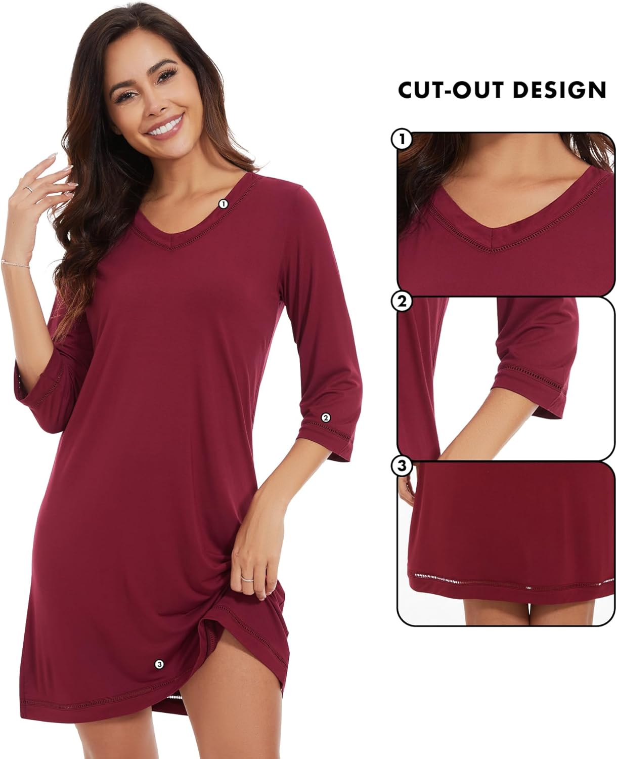 WiWi 女性用ナイトガウン 竹製ビスコース製 3/4スリーブ スリープシャツ ソフトVネックナイトシャツ ルーズスリープドレス S