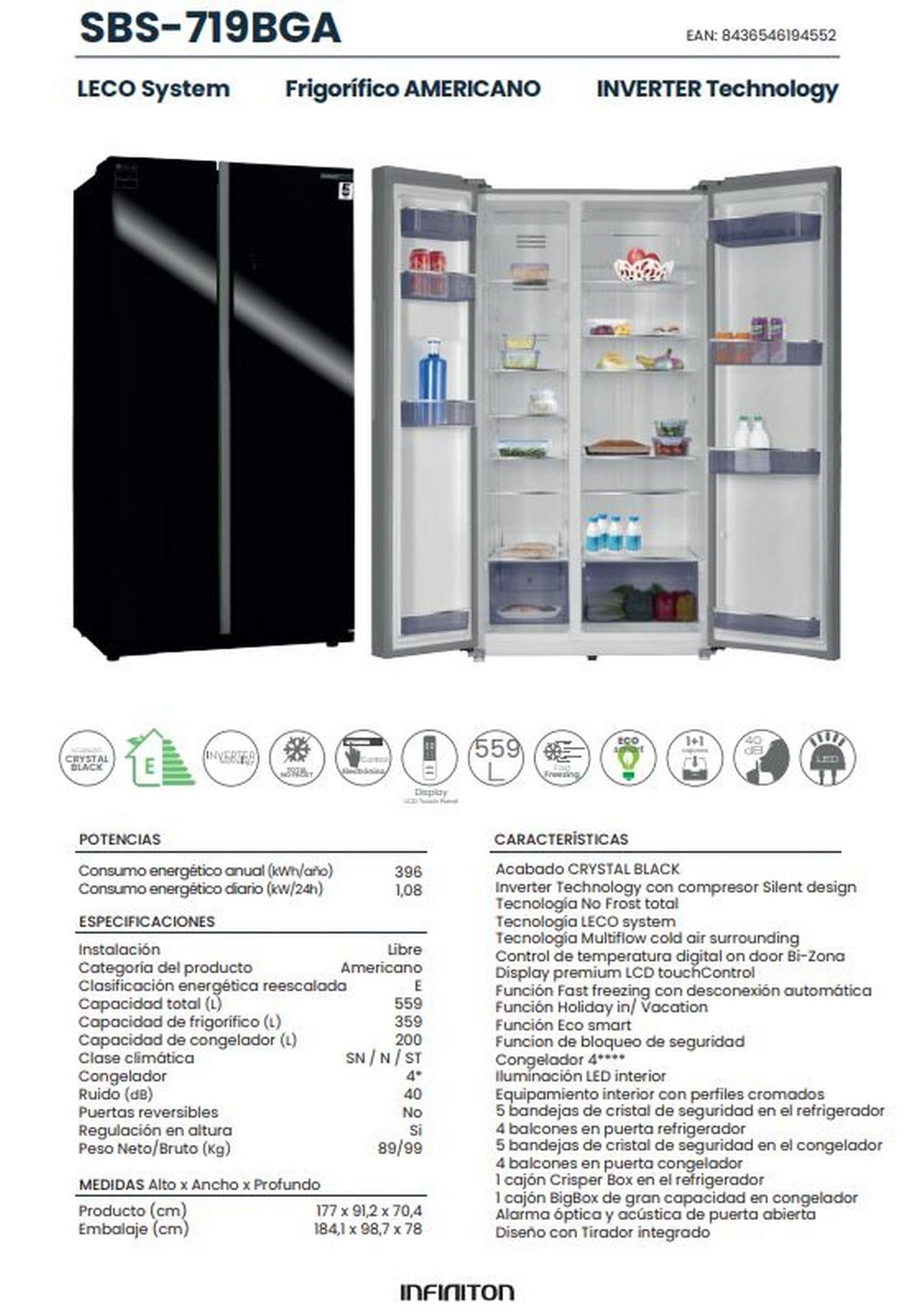 FRIGORIFICO COMBI AMERICANO AMCB-719BGA CRYSTAL INFINITON (A++ INVERTER, NEGRO, Alto 177cm, NO FROST TOTAL, 562 Litros, FreshZone, Display LED)