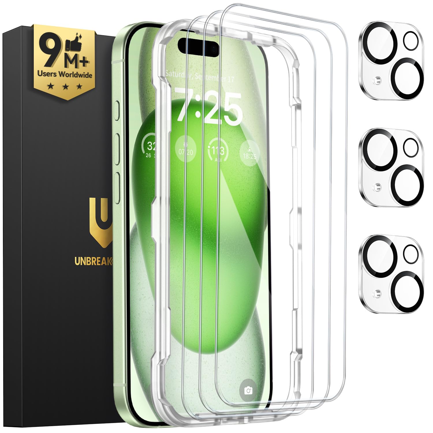 UNBREAKcable iPhone 15 Plus Screen Protector 3-Pack, Upgraded Dual-Tempered Glass + 3 Camera Lens Protectors, Military-Grade 9H Hardness, HD Clarity, Anti-Fingerprint, Case Friendly, 6.7 Inch