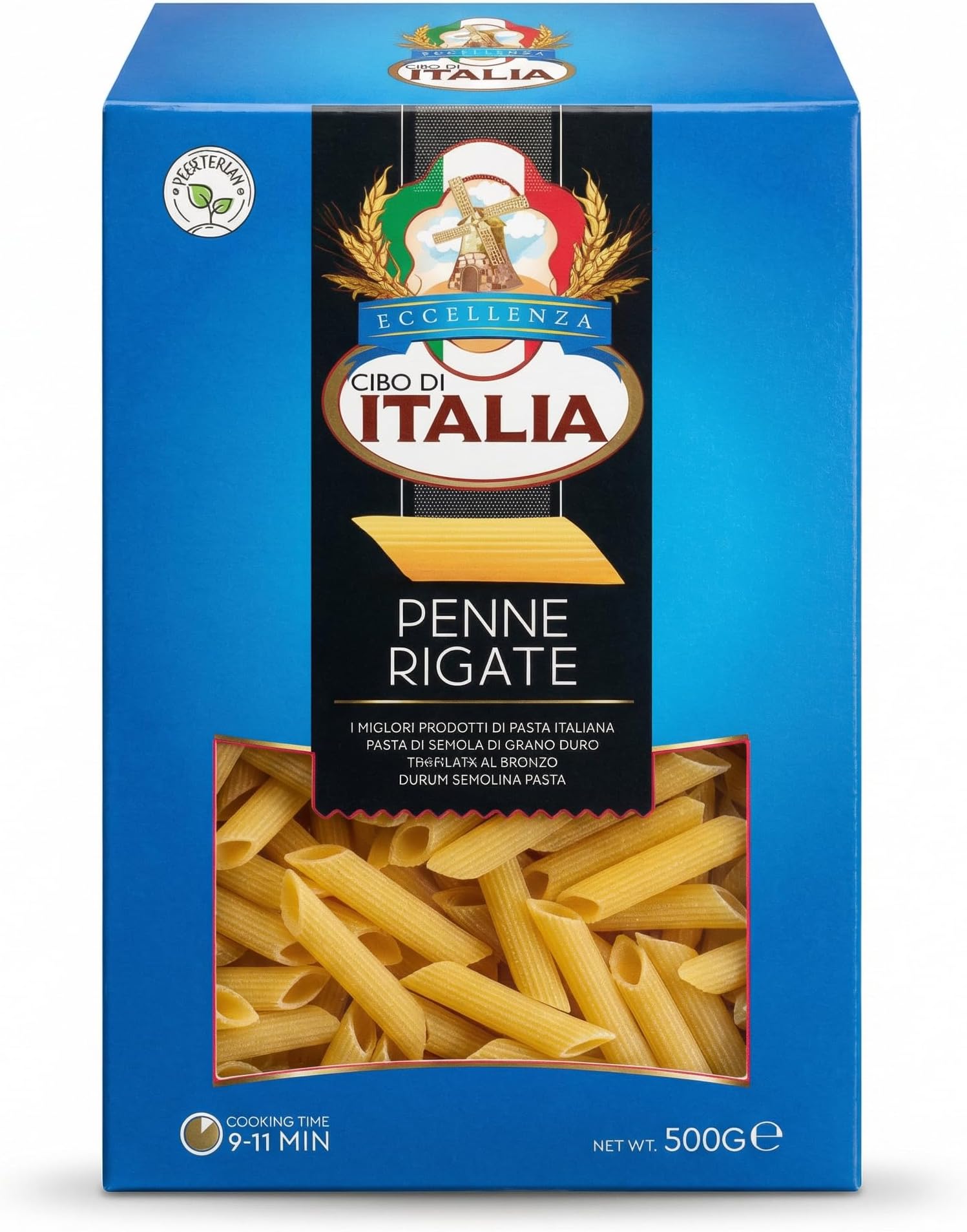 Cibo Di Italia Penne Rigate Pasta 500g | Made from 100% High Grade Durum Wheat Semolina | Vegetarian | Al Dente Texture