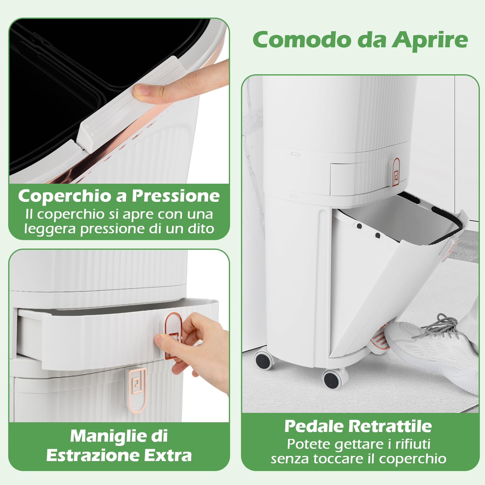 COSTWAY 42 L（12+12+14+4 L） Pattumiera Differenziata, Secchio Spazzatura a 3 Scomparti con Cassetto e Coperchi, 2 Secchi Rimovibili Pedale e Ruote, Bidoni Differenziata per Bagno Cucina Ufficio