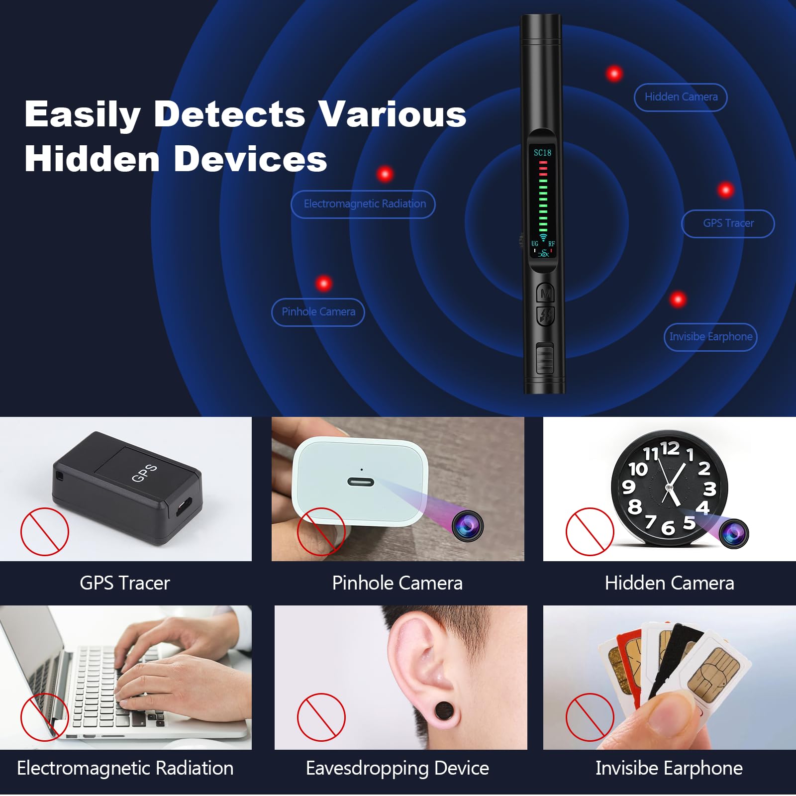 Wanzen Detektor, Versteckte Kamera Detector RF Wireless für GSM Tracker Abhörgeräte Funkkameras Wanzenfinder Infrarot Detector Starke Magnetische Spion Kamera Detector 5 Modi für Hotel Heim