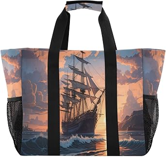 Kigai Reusable Grocery Bags,Large Sailboat with Orange Sky Large Grocery Tote Bag Water Resistant Shopping Bags Foldable Pool Bag for Clothes,Shoes and Picnic