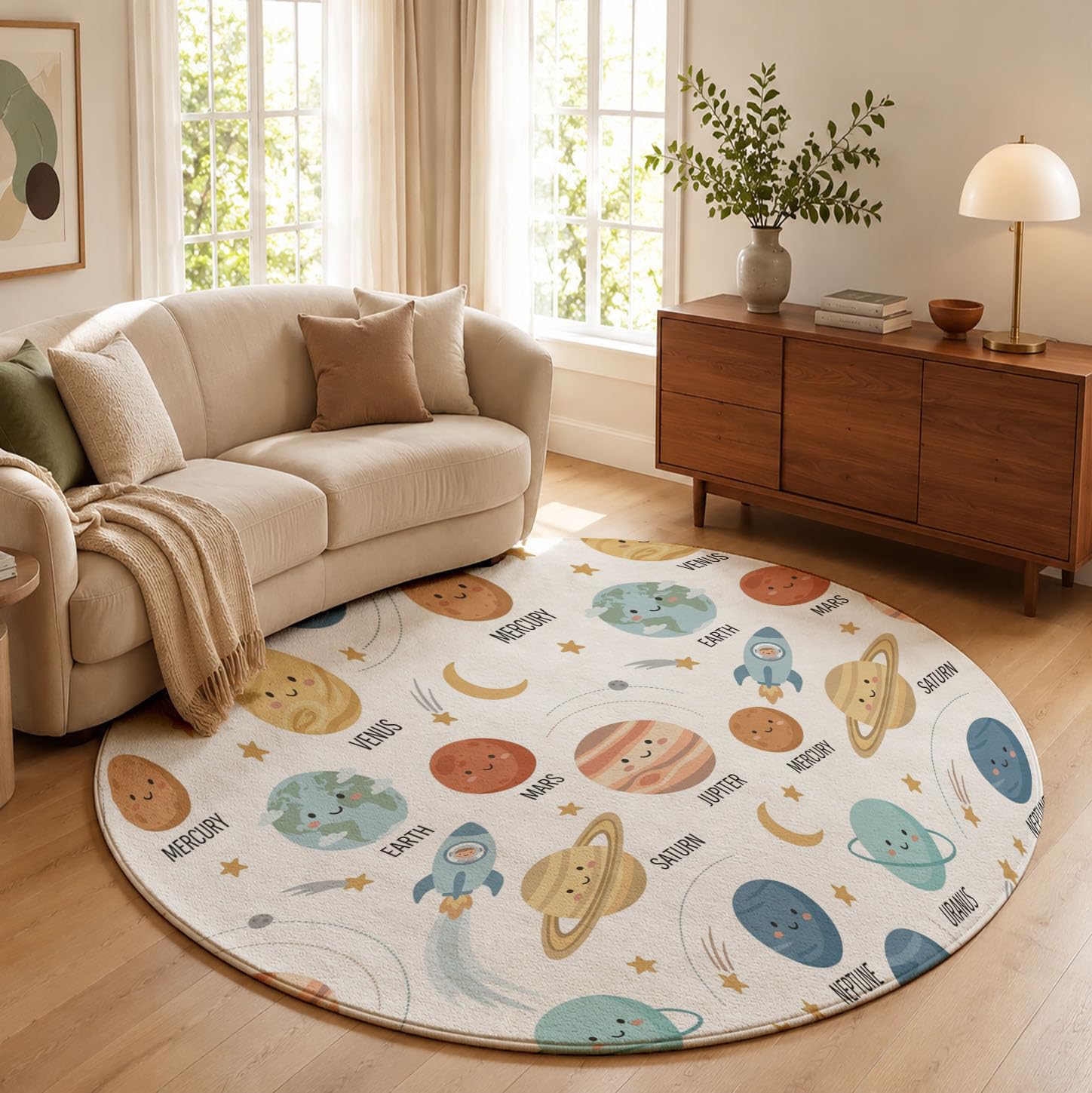 Tapis Rond Lavable Planètes du Système Solaire Fusées 180cm | Tapis Univers De Dessin Animé Mignon Antidérapants Salon Lavable en Machine pour pour Salle à Manger, Entrée, Cuisine, Blanc