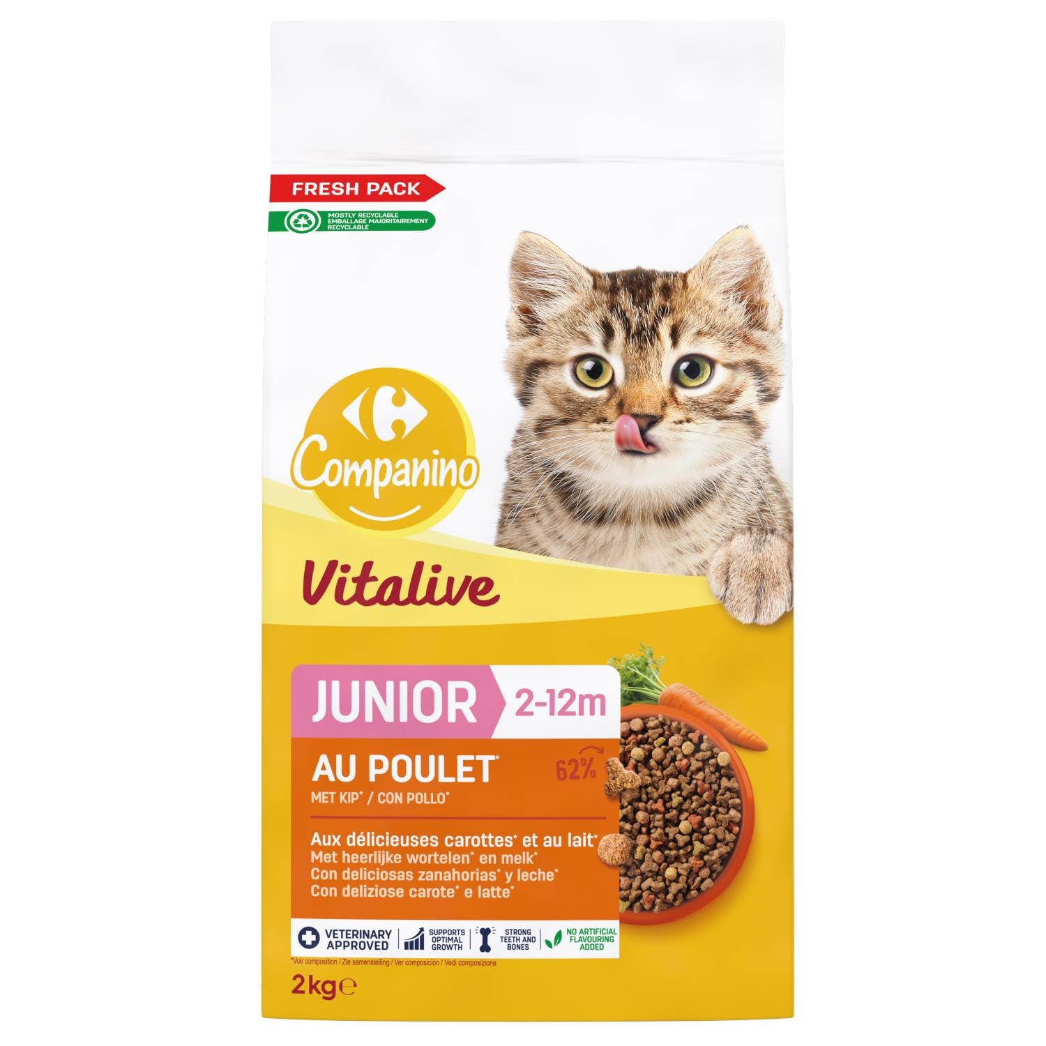 Croissance Saine pour Votre Chaton avec Carrefour COMPANINO Junior Poulet Carottes Lait, Sachet refermable 2kg - Lot de 3