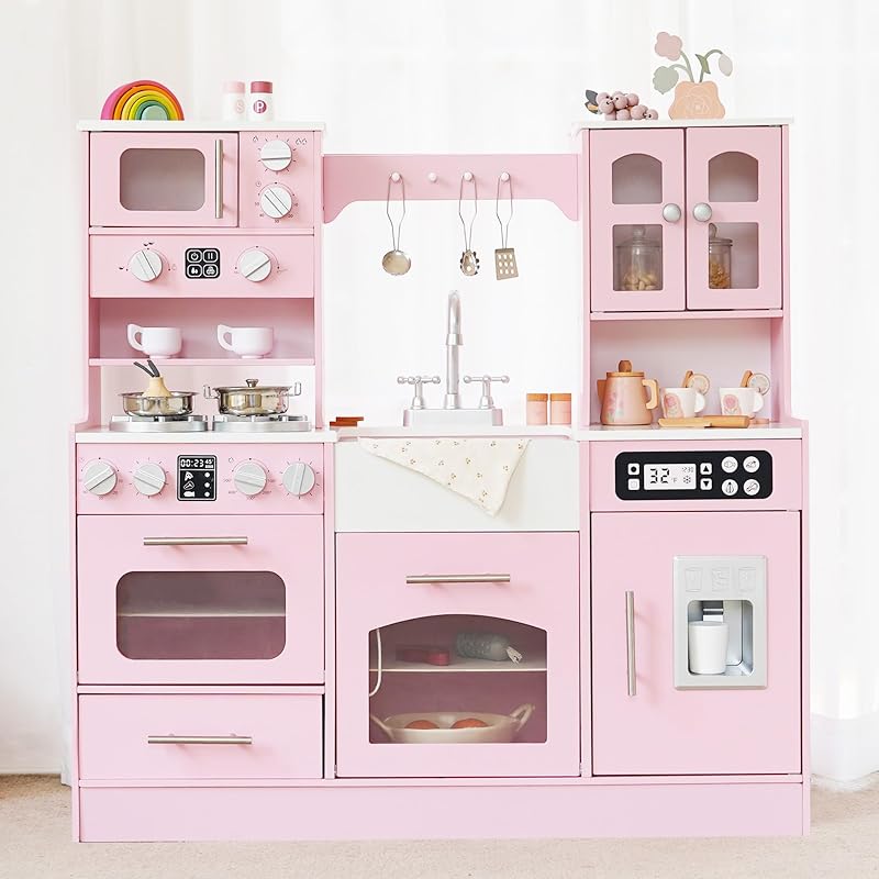 Wooden Play Kitchen for Kids with Lights & Sounds, Kids Kitchen Playset | Large Kitchen Set for Kids with Ice Maker, Stove, Sink, Oven & 12 Accessories, Pretend Cooking Toy for Girls Ages 3-8, Pink