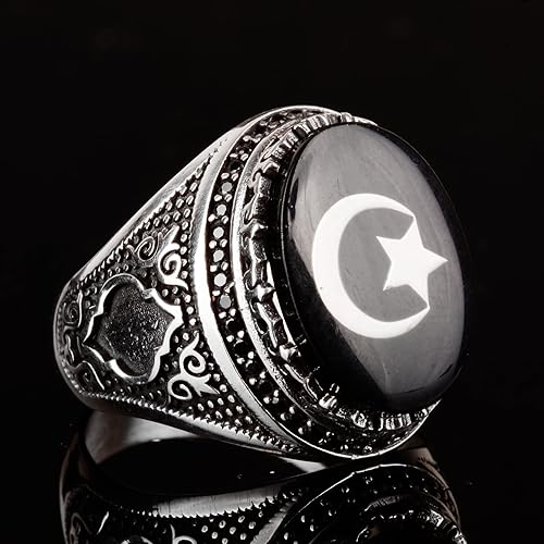 Miniatura 3 de KAMBO Anillo de plata de ley 925 para hombre, anillo Malcolm X, anillo de estrella y media luna para hombre, Gema, Perla sintética