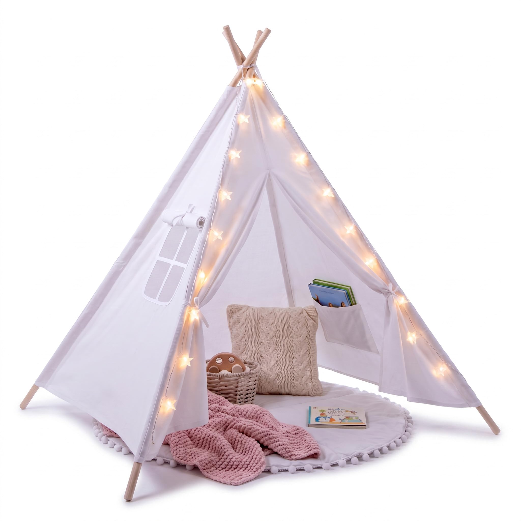Tienda tipi para niños en blanco marfil | Tienda de juego/tienda inflable blanca para niñas y niños 140 x 120 cm en lona de algodón, con guirnalda de 3 metros de luces en forma de estrella y