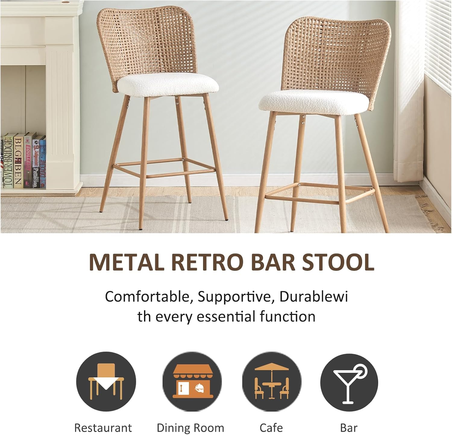 Counter Height Bar Stool Set of 2,Modern PE Rattan Wicker Barstools with Backrest and Cushion for Kitchen Lawn Pool Bar Chairs,White