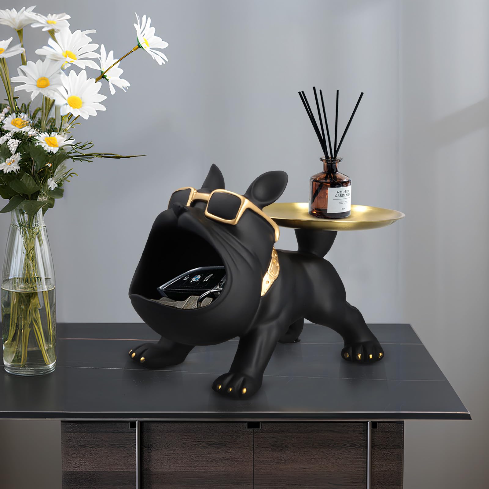 Vassoio decorativo per bulldog francese, Statua del vassoio del bulldog francese con vassoio in acciaio inossidabile, Scultura di cane in resina, Decorazione per corridoio, soggiorno, nero