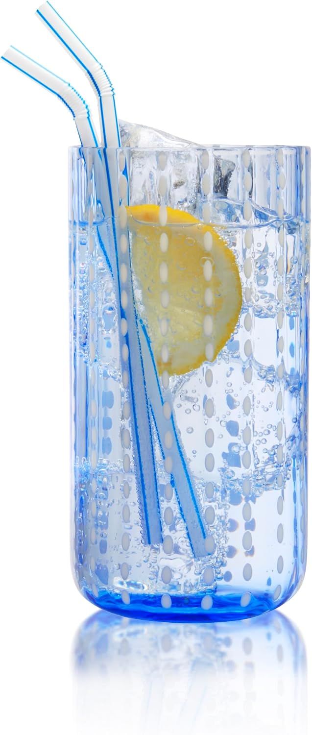 QUALIA Dash Light Blue Drinking Glasses Highball Glasses Set of 4 17 oz High Ball Glasses Lead-Free Light Blue Glassware, Dishwasher Safe Colored Glassware, House Warming Gifts For Women
