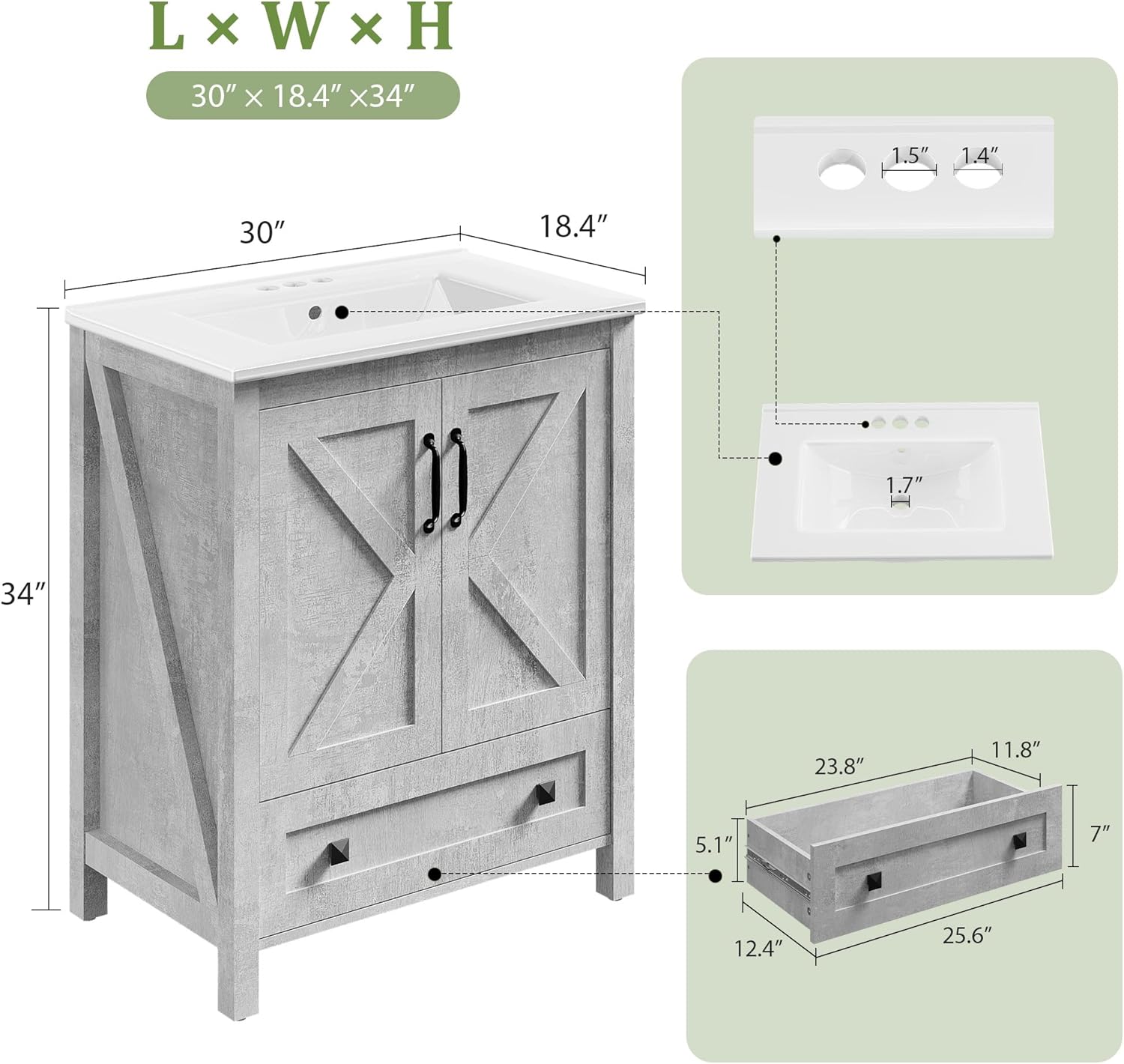 GarveeHome 24 inch Vanity with Ceramic Sink, Modern Bathroom Vanity with 2 Doors and 1 Storage Drawer, Freestanding Bathroom Cabinet with Contemporary Design for Your Bathrooms, Grey