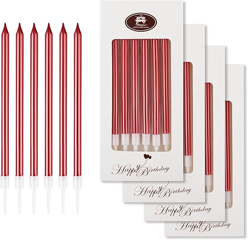 BEAN LIEVE Velas rojas de cumpleaños, 24 unidades, velas largas y delgadas para pasteles, velas de fiesta para cumpleaños, boda, decoración de