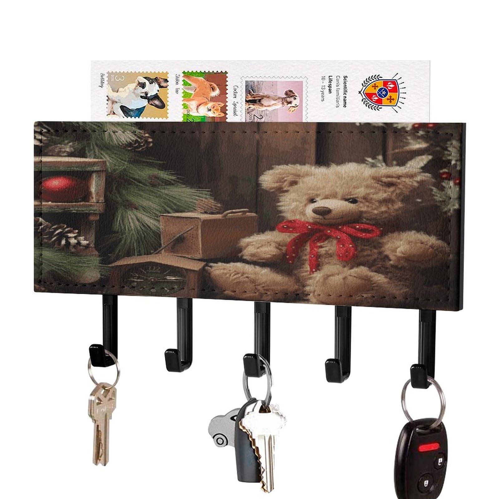 LDGSUPH Xmas Tree Branch Bear Doll Key Holder Wall Mount Key Hanger with 5 Hooks Fashion Key Organizer Rack Hanging Key Hooks with Mail Organizer Key Rack for Home Entryway Hallway Black-Style