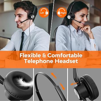 Office Phone Headset 2 Ears RJ9 RJ11 Call Center Telephone Headphone with Noise Cancelling Microphone for Grandstream Sangoma Yealink Snom Landline Phones SIP and IP Phones