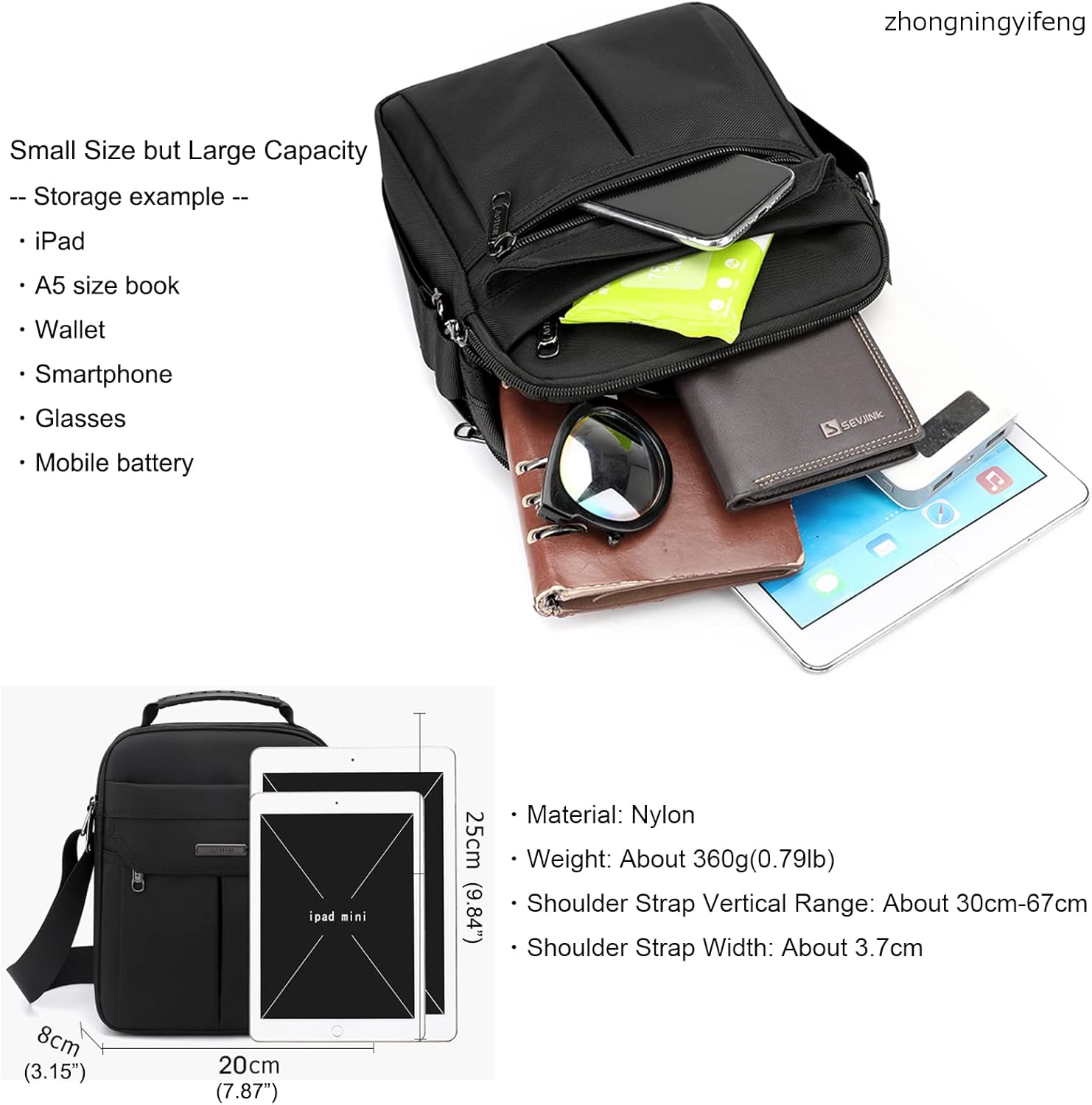 zhongningyifeng Men's Messenger Bag Small Nylon Crossbody Shoulder Bag Waterproof Casual Black Purse for Work Travel - Image 3