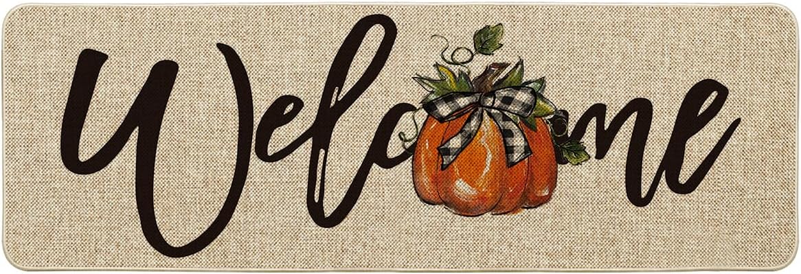 Artoid Mode Bow Tie Pumpkin Fall Welcome Doormat, Autumn Home Decor Low-Profile Runner Rug Door Mat for Indoor Outdoor 24x72 Inch 2' x 6' (Rectangular) Beige