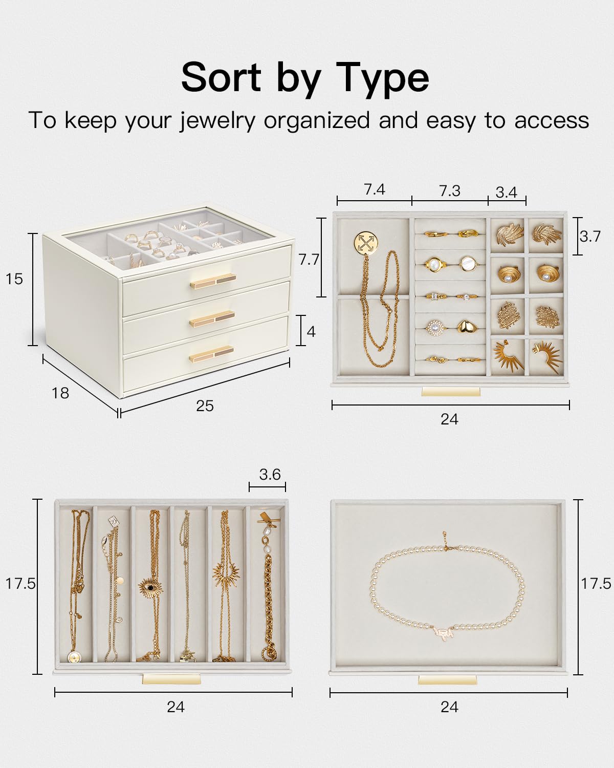 Vlando Schmuckschatulle für Damen, Glasdeckel, Schmuck-Organizer mit 3 Schubladen für Halsketten, Ringe, Ohrringe, Armbänder, Weiß