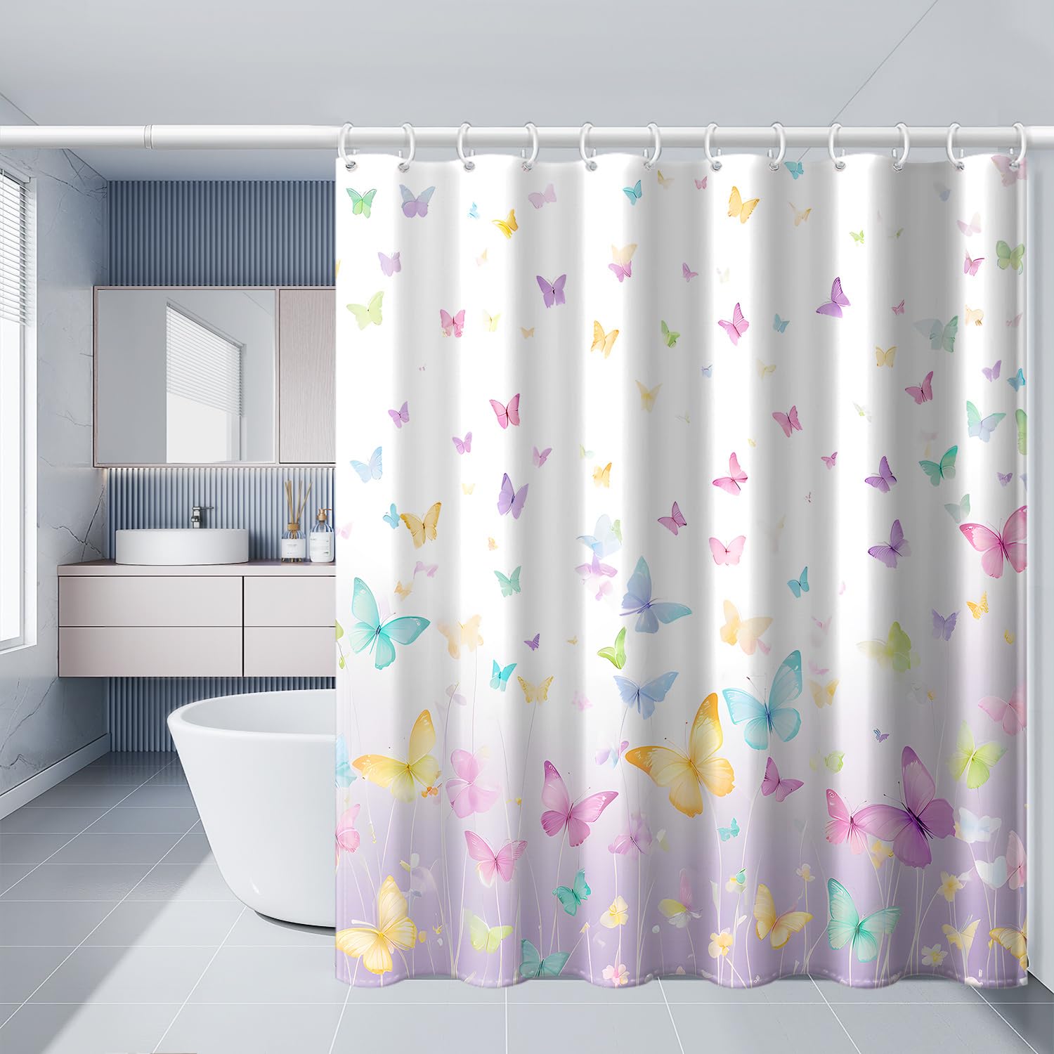 1 Cortina de Ducha con Estampado de Mariposas sobre Fondo Blanco, Tela de poliéster con Ganchos, Estilo Sencillo para Ventana (300x200cm/118x79in(WxH))