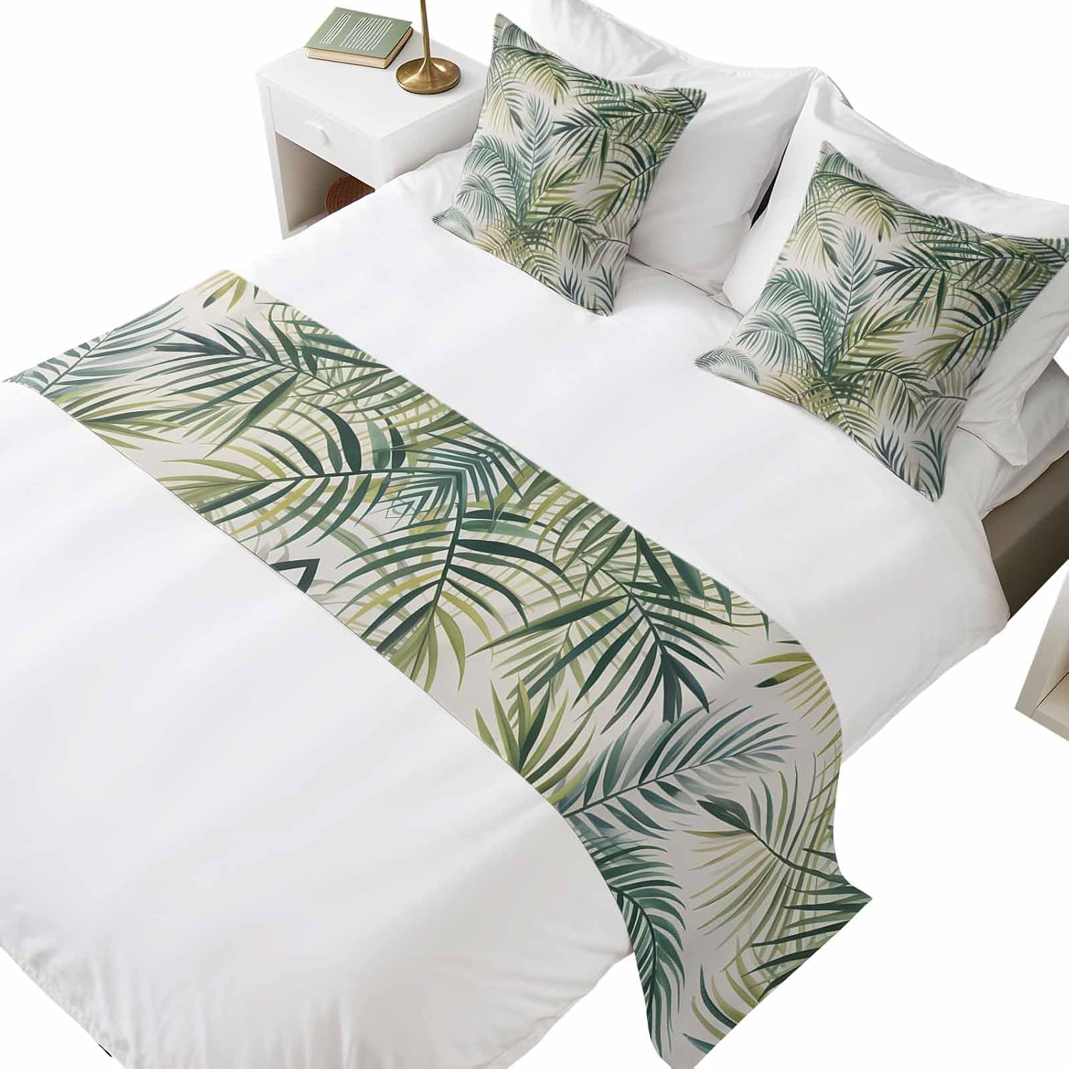 Queen Size Bed Runner Set 83 x 20 inch Tropical Plant Bed Runners with 2 Matching Pillow Covers, Green Leaf Palm Leaf Nature Decorative Throw Pillowcases Bedding Scarf for Bedroom Hotel