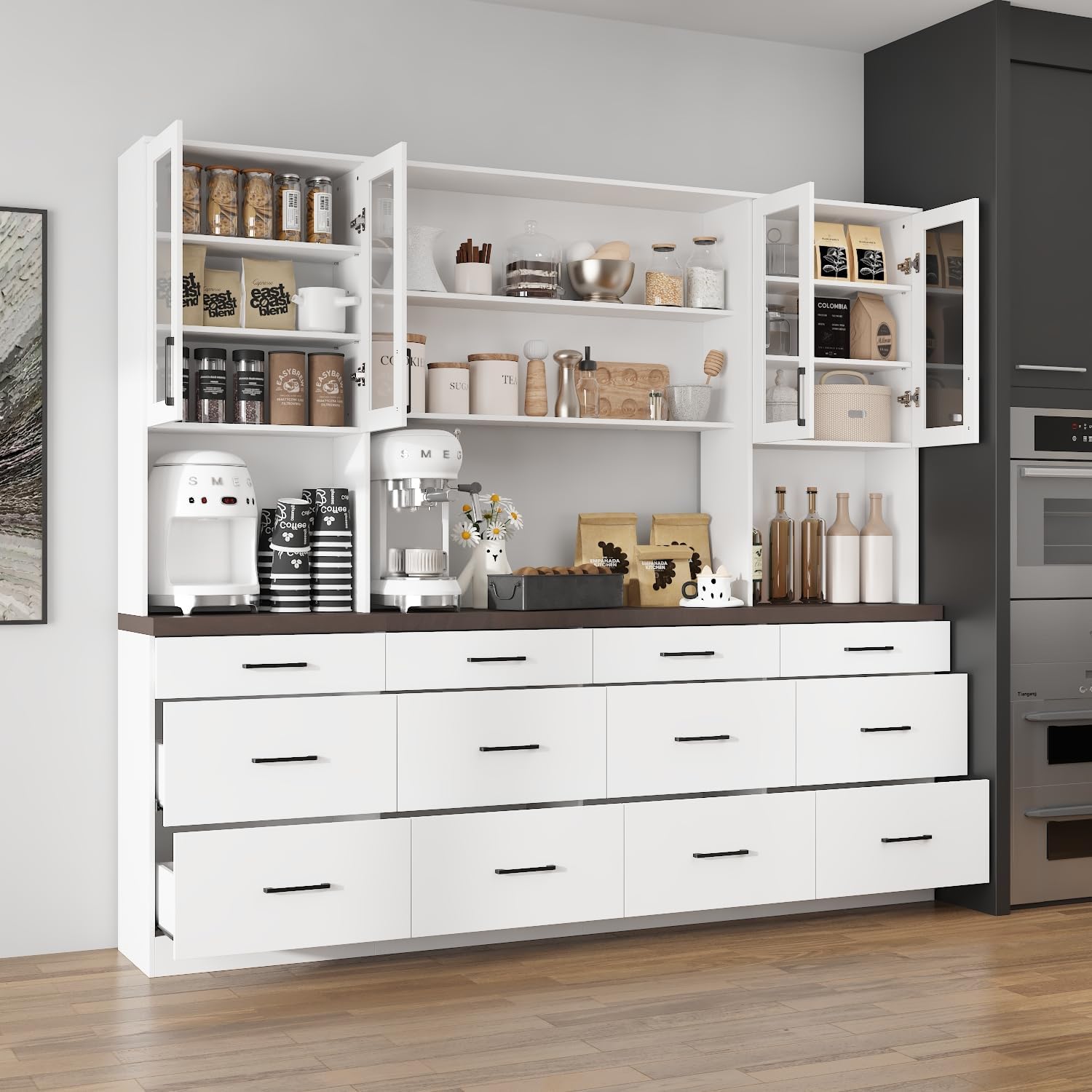 Large Garage Storage System with 12 Drawers, 94.5" W Glass Doors Workshop Cabinet Set with Thicken Countertop, Utility Bookshelf Pantry Cabinet for Home Office Shopping Malls Console, White