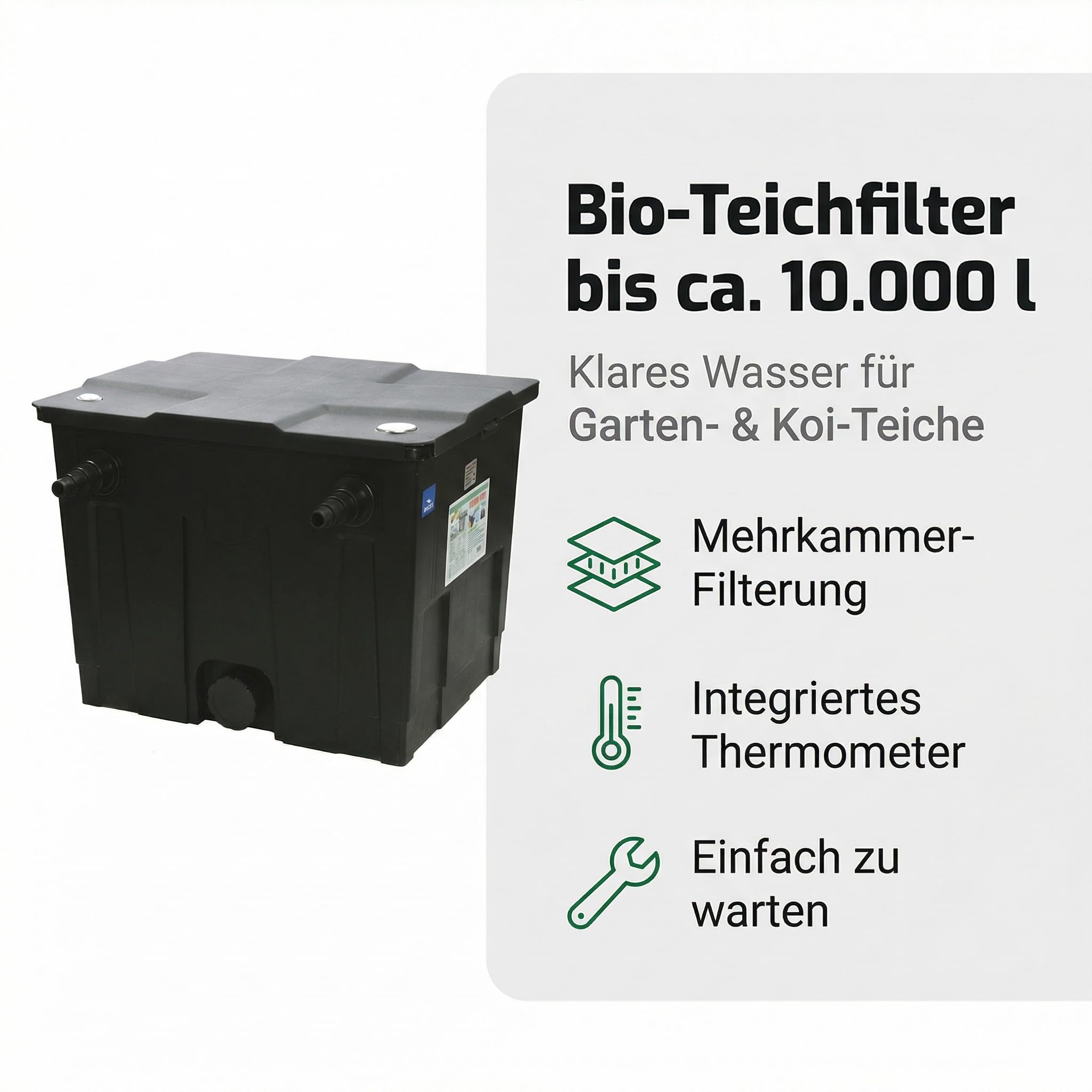Pondlife Teichfilter CBF-350 Bio-Mehrkammer Durchlauffilter für Gartenteich bis 10.000 l, integriertes analoges Thermometer im Deckel, gestufte Schlauchtüllen, Schmutzablass zur einfachen Reinigung