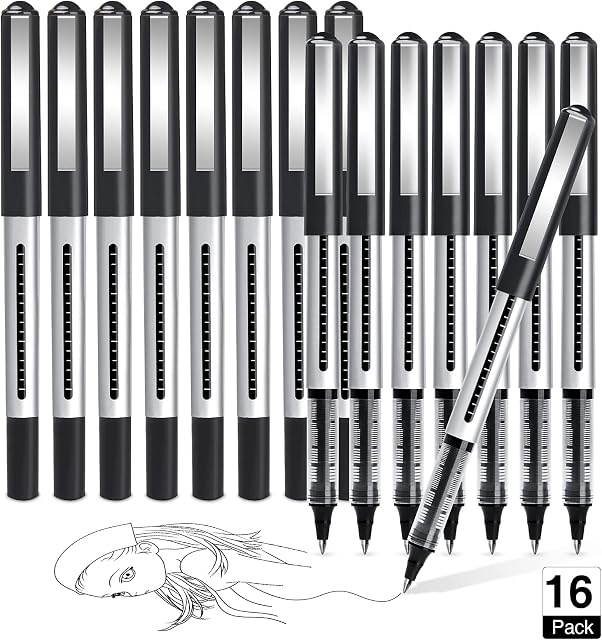 AKARUED Rollerball Pens 16 Pack Black Gel Pens, 0.5mm Liquid Ink Rollerball Pen, Quick-Drying Ballpoint Pens Writing Pens for Bullet Journal, Notebook. School & Office Accessories for Students Adults
