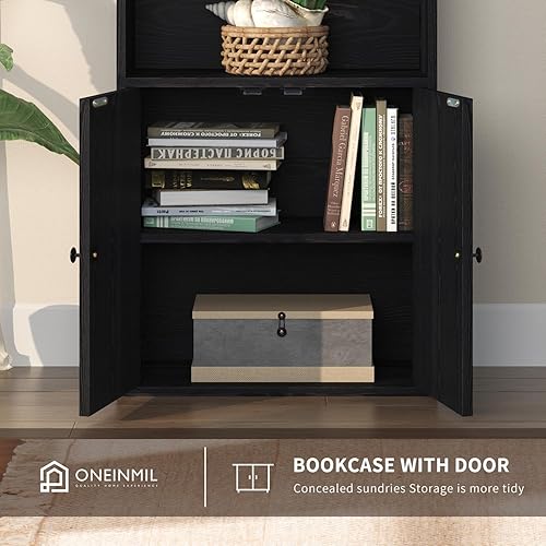 Miniatura 3 de oneinmil Juego de 2 estanterías de 6 niveles, estantes de madera con puertas de gabinete, estantería de piso y gabinetes de almacenamiento de