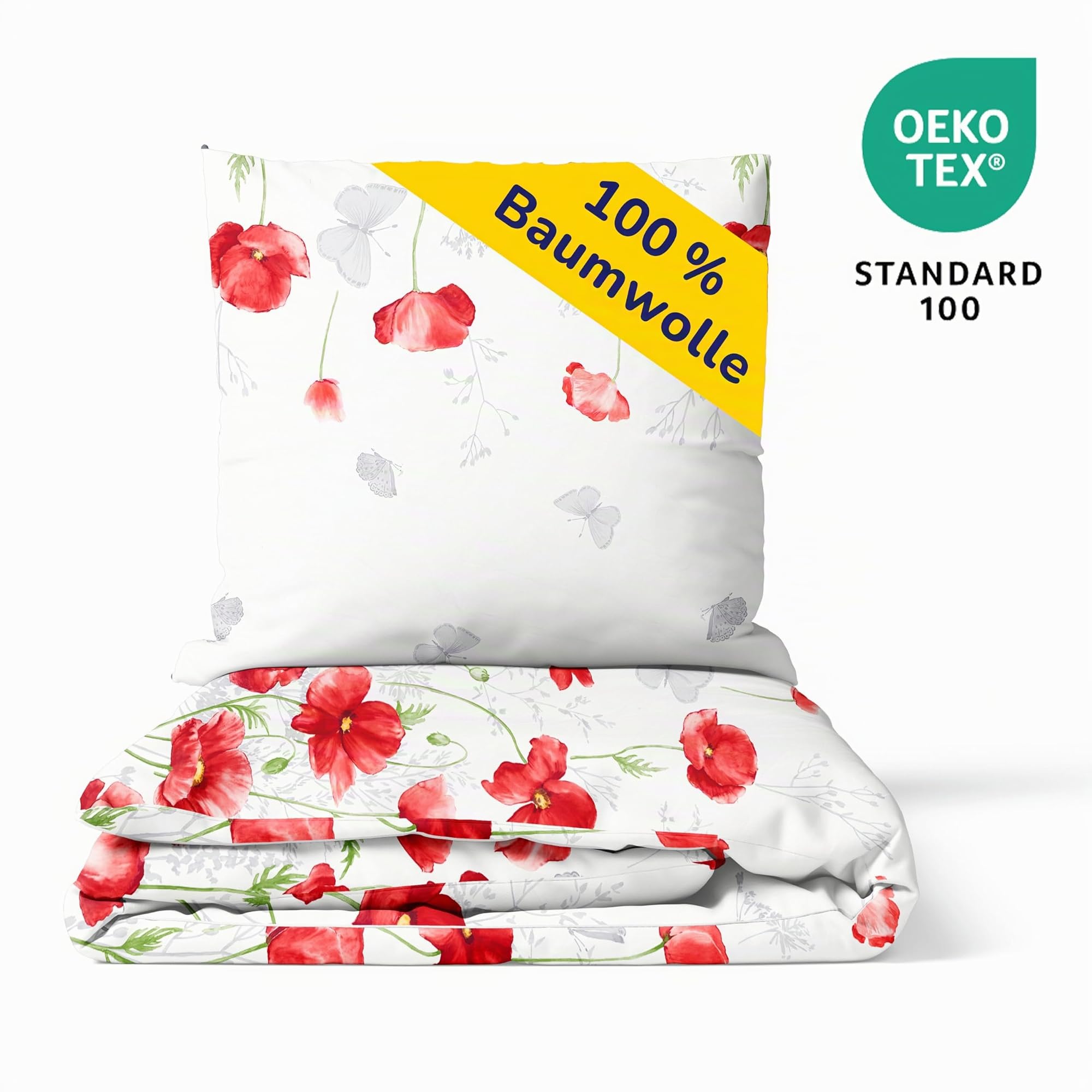 Bettwäsche aus 100% Baumwolle 2tlg. 155x220 + 80x80 cm Mohnblumen rot | Renforcé Bettwäsche mit Reißverschluss, leicht, atmungsaktiv, bügelfrei, ideal für Frühling, Sommer, Made in EU, OEKO-Tex