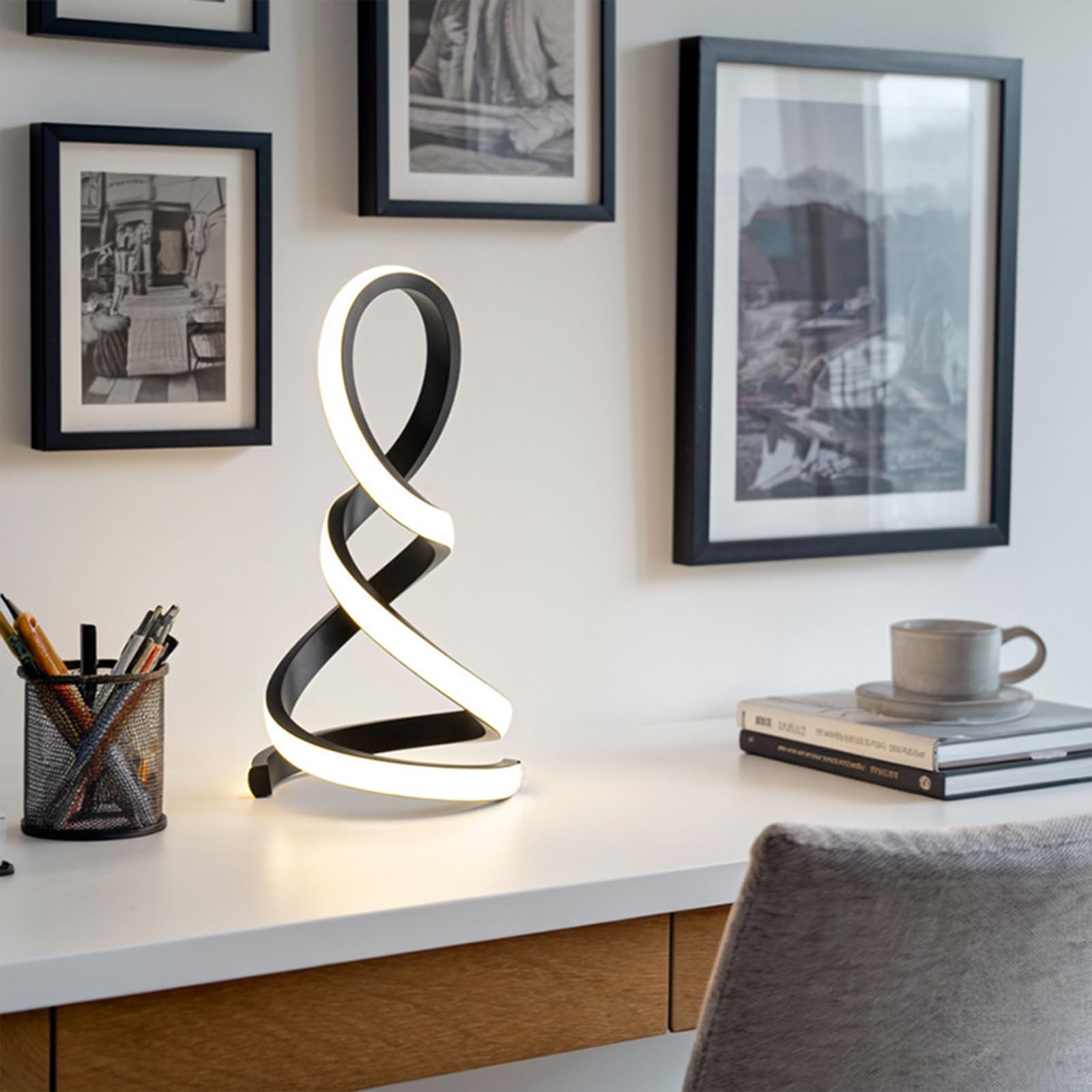 Jadssox Lampa Biurkowa LED Spiralna Czarna Liniowa Lampa Stołowa, Nowoczesne Małe Lampki Nocne Do Salonu Sypialnia Nocne Biuro, 3W 3 Tryb Kolorów Oprawa Oświetleniowa Na Szafkę Nocną