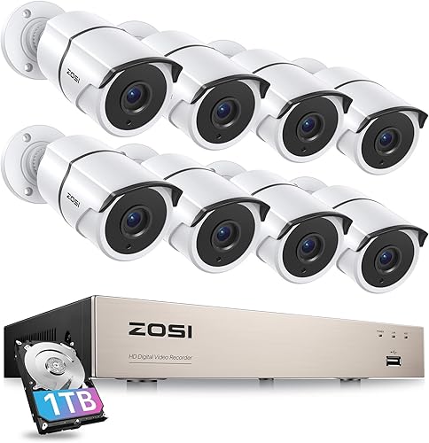 ZOSI Sistema de cámara de seguridad para el hogar con audio, 5MP Lite 8 canales H.265+ CCTV DVR con disco duro de 1 TB, 8 cámaras de vigilancia para