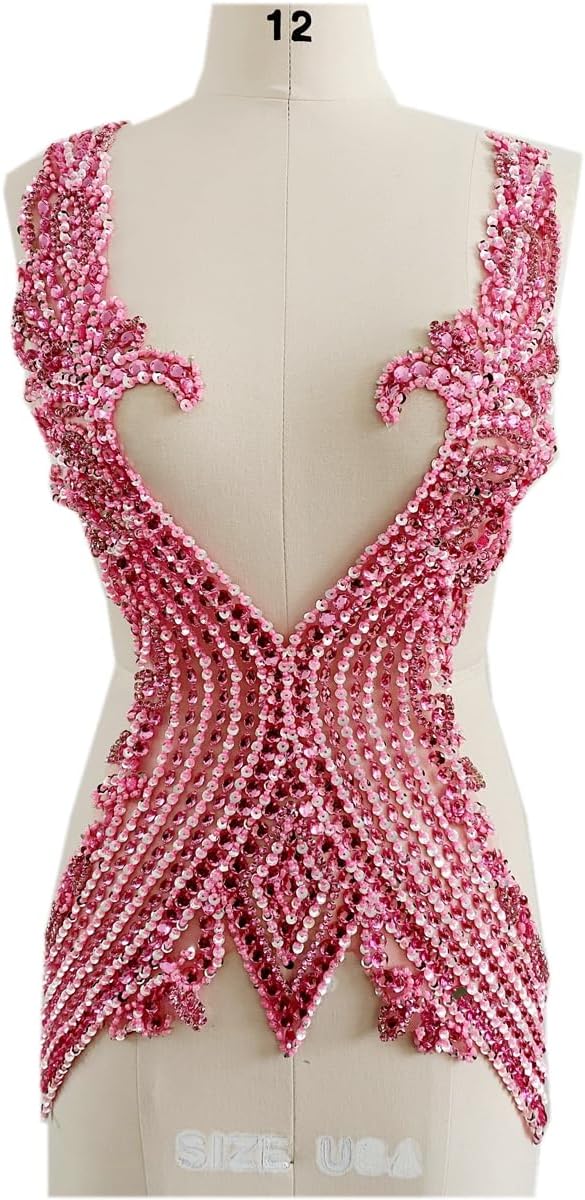 Pure Hand Sewing Beads Applique Rhinestones Trim Patches Shiny Cloth Accessories 15X26in (Pink)