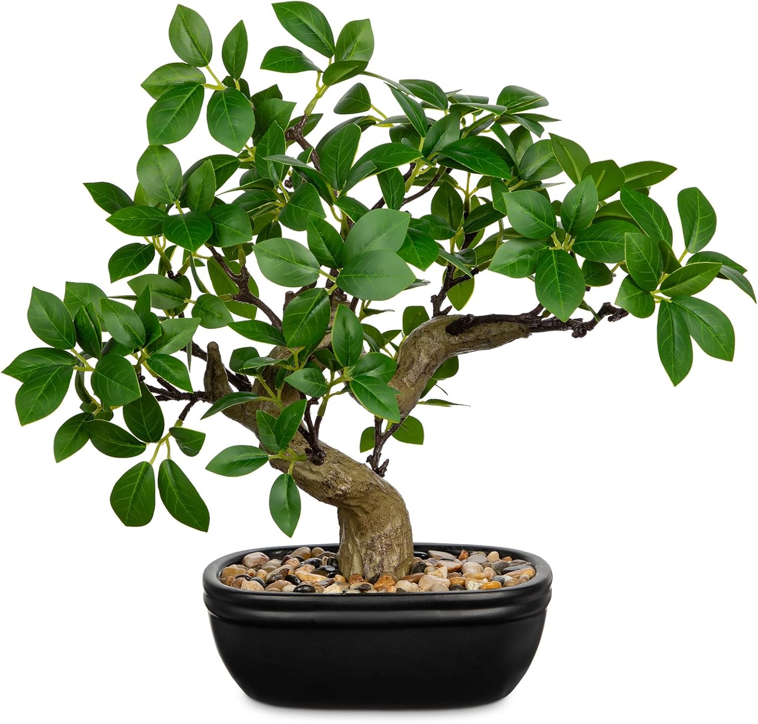 Artificial Bonsai Tree 12.9 Inch Faux Ficus Plant in Ceramic Pot with Pebbles Fake Green Potted Plant for Home Office Desk Decor Indoor Zen Table Centerpiece, Small Artificial Plants for Living Room