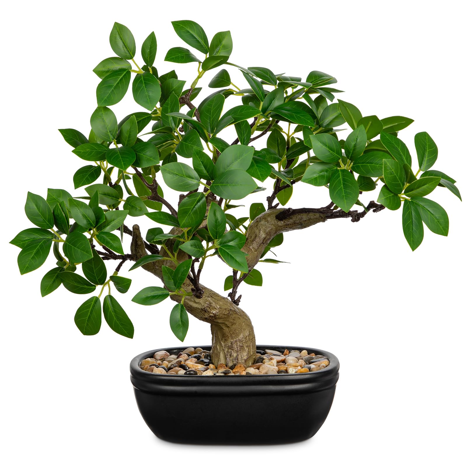 Künstlicher Bonsai-Baum, 32 cm, künstliche Ficus-Pflanze im Keramiktopf mit Kieselsteinen, künstliche grüne Topfpflanze für Zuhause, Büro, Schreibtisch, Dekoration, Innenbereich, Zen-Tischdekoration