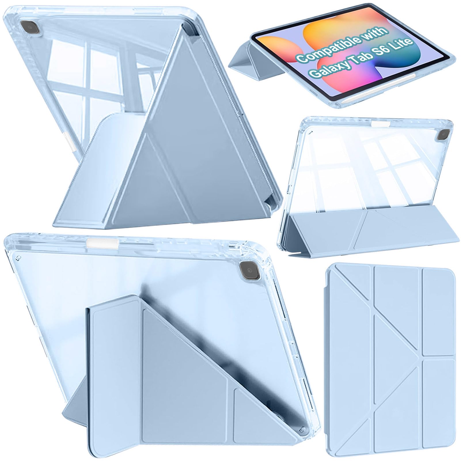 Case Compatible with Samsung Galaxy Tab S6 Lite 10.4-Inch 2024/2022/2020 with S Pen Holder, Shockproof Clear Cover, 6-in-1 Y-Shaped Trifold Stand, Auto Wake/Sleep, Sky Blue