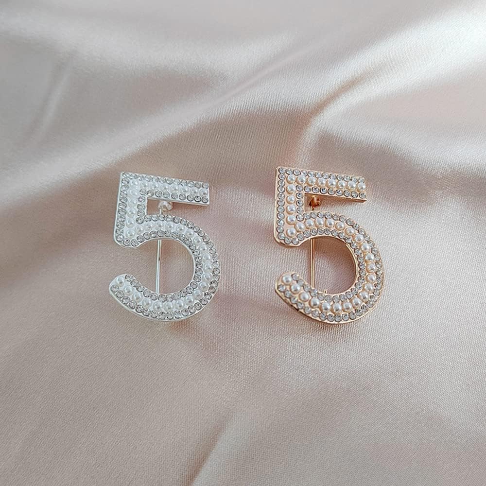 Crystal Pearls Lucky Number Five Brooch for Women Girl Men Fashion Lapel Pins Corsage Scarf Pin Rhinestones Breastpin for Wedding Party Banquet Clothes Badge Jewelry Birthday Mother's Day Gift - Image 5