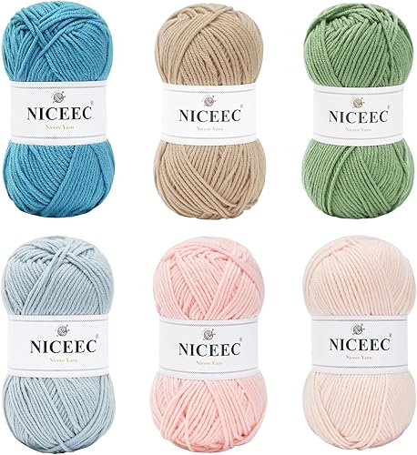 NICEEC Hilo suave de colores surtidos de 6 x 1.76 onzas, hilo de bombones para tejido de ganchillo, hilo acrílico de 4 capas para iniciación de