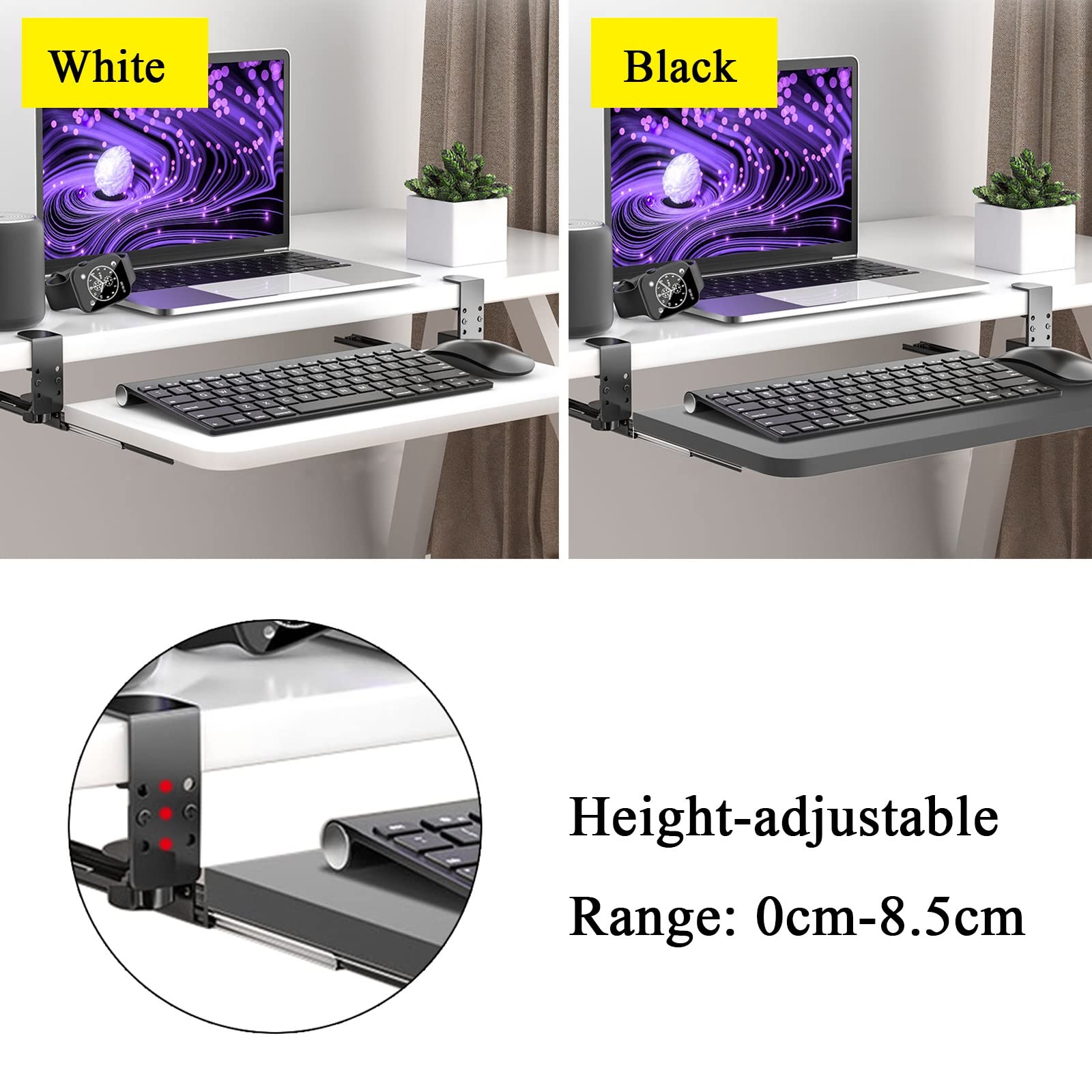 Vassoio per tastiera regolabile con supporto estraibile per mouse, ergonomico, per casa e ufficio, ripiani di supporto salvaspazio per taglierine, nero, 750 x 240 mm