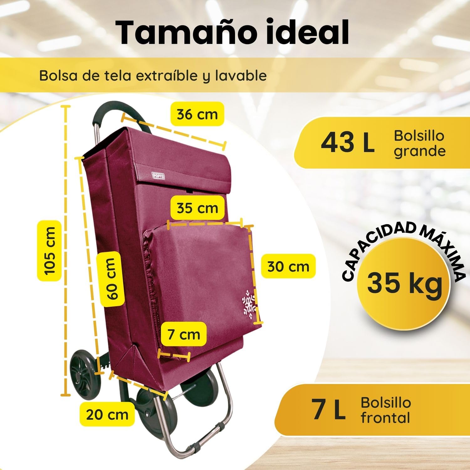 Carro de la Compra 50L con Compartimento Refrigerante y Gancho, 4+2 Ruedas Ideal Supermercado Granate