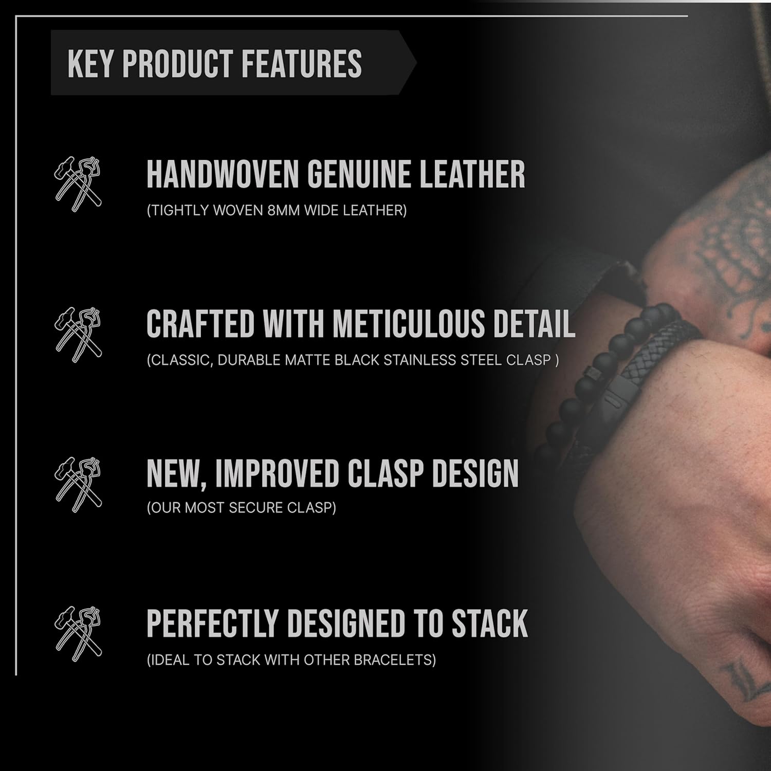 Forge & Foundry Men's Genuine Interwoven Leather Braided Bracelet with Matte Black Custom Engraved Stainless Steel Clasp | “Hanover” | Artist Collaboration Design - Image 6