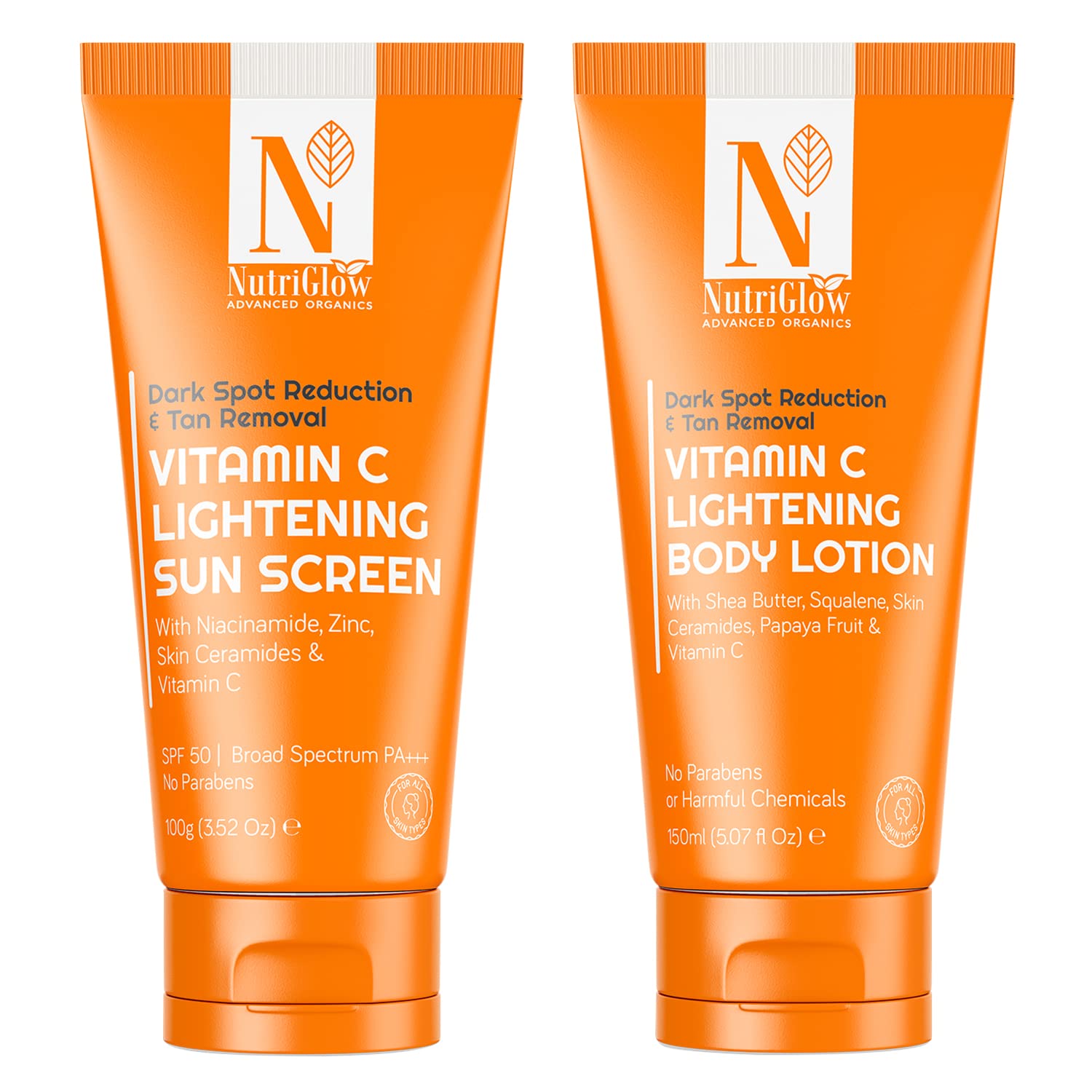 Nutriglow Advanced Organics Vitamin C Sunscreen SPF 50 (100Gm) & Body Lotion (150Ml), Daily Use for All Skin Type - Combo Pack of 2