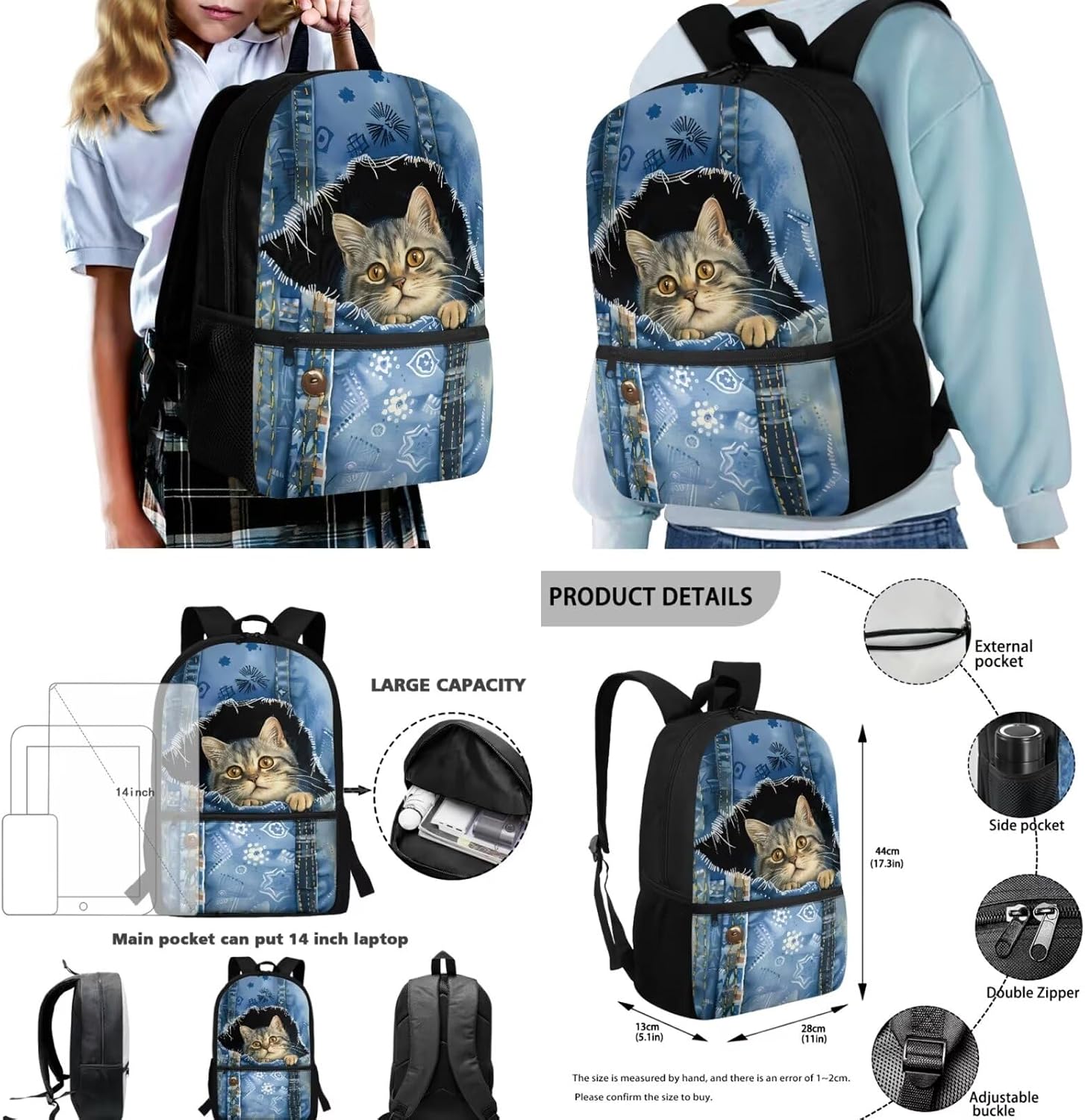 4Pcs Kids School Bag Cat Print 17 Inch Lightweight Backpacks Lunch Bag with Mesh Side Pockets Portable Water Bottle Bag Crossbody Zippered Pencil Case