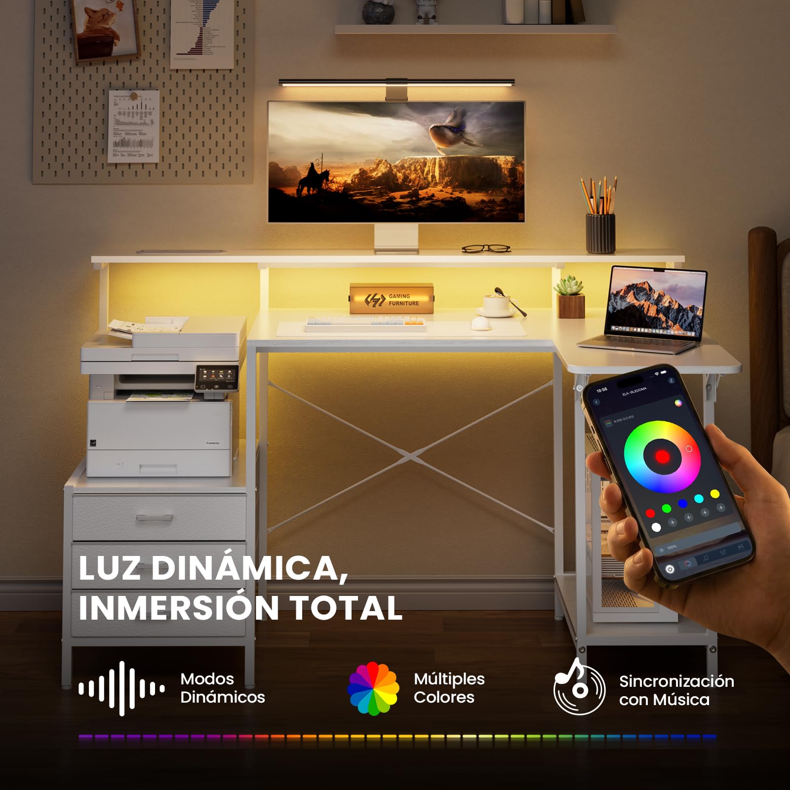 SOLAVERO Escritorio Esquinero con Bandeja Plegable, 140 x 50 cm Escritorio Gaming en L con Enchufes & USB-C, Mesa Ordenador con Cajones de Tela, Mesa Oficina con Soporte para Monitor, Blanco